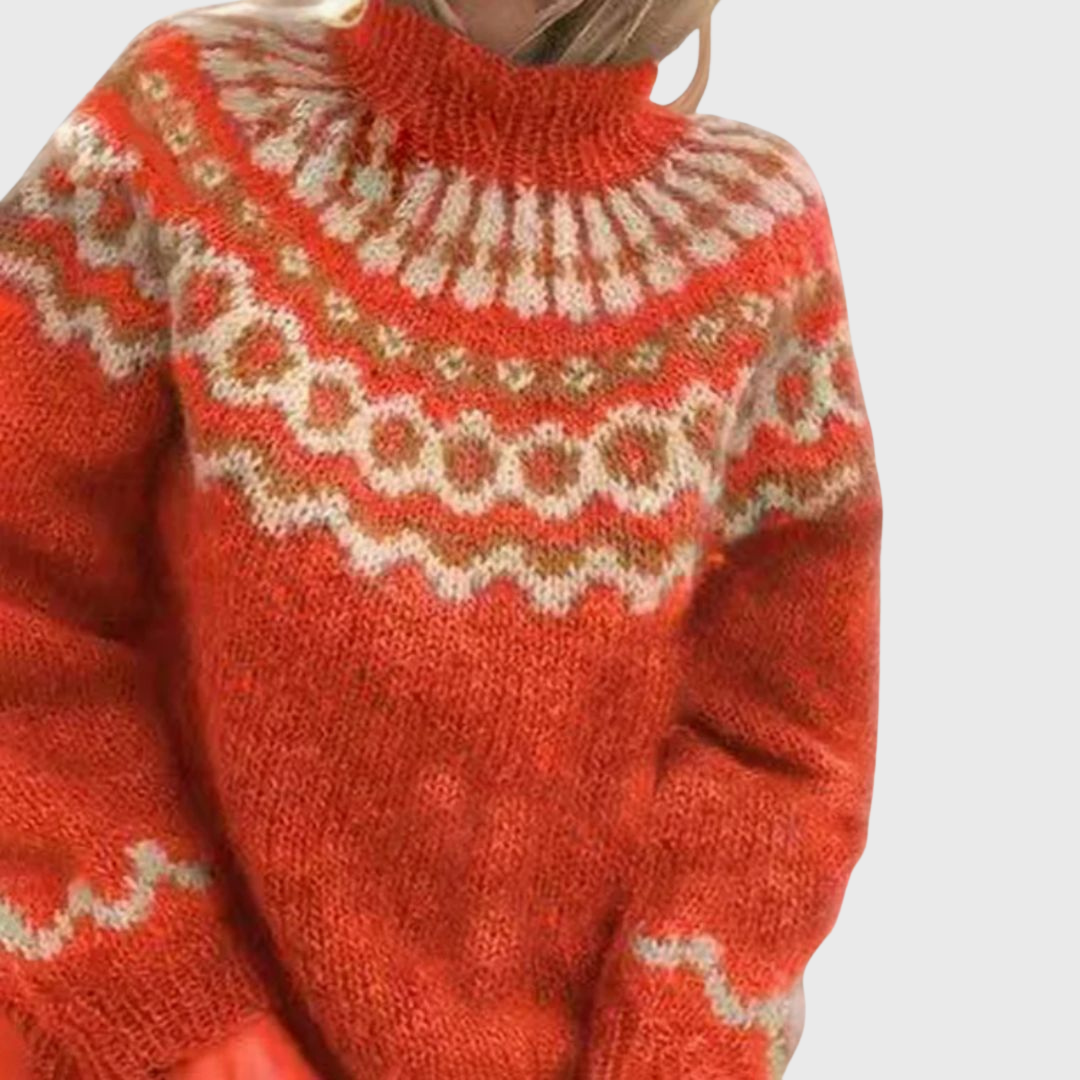 Sonja | Pull bleu avec col montant et motif norvégien