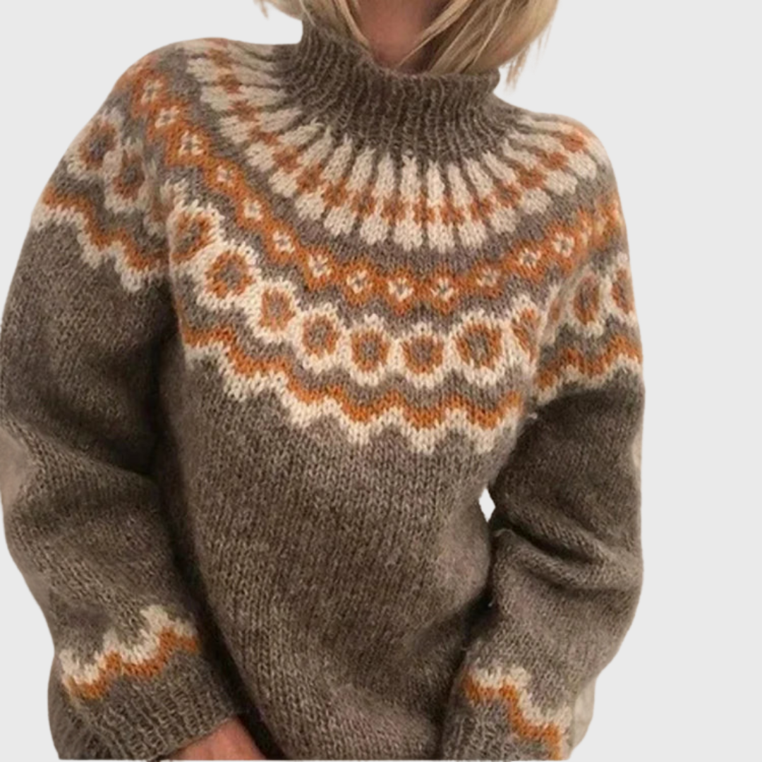 Sonja | Pull bleu avec col montant et motif norvégien
