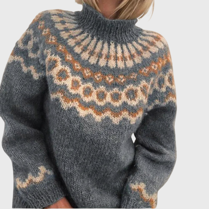 Sonja | Pull bleu avec col montant et motif norvégien