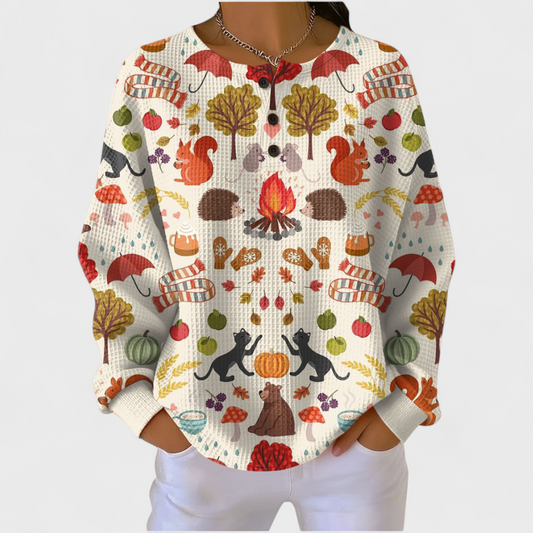 Das Alma | Pull crème avec motif forestier automnal