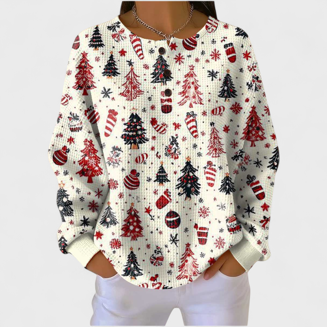 Das Anna | Pull crème avec motif de sapin de Noël