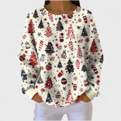 Das Anna | Pull crème avec motif de sapin de Noël