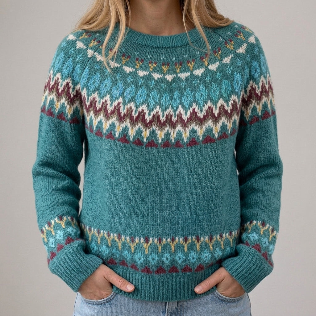Das Peyton | Pull rétro en couleur pétrole avec motif en vagues
