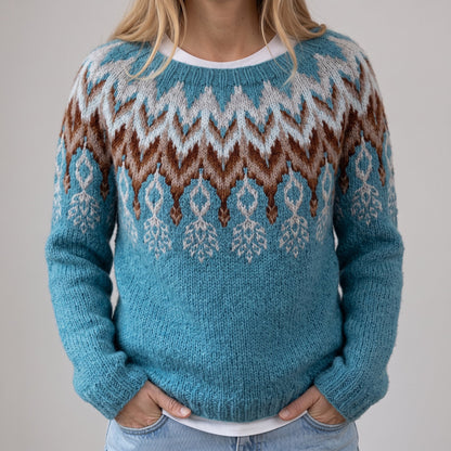 Das Katinka | Pull rétro couleur pétrole avec motif norvégien