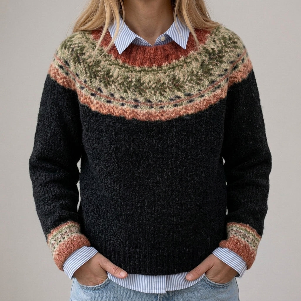 Elveria | Pull vintage noir avec motif norvégien