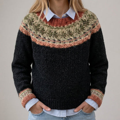 Elveria | Pull vintage noir avec motif norvégien