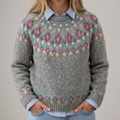 Lara | Pull vintage gris avec motif floral