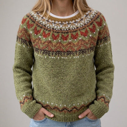 L'Adriana | Pull vintage vert olive avec motif norvégien