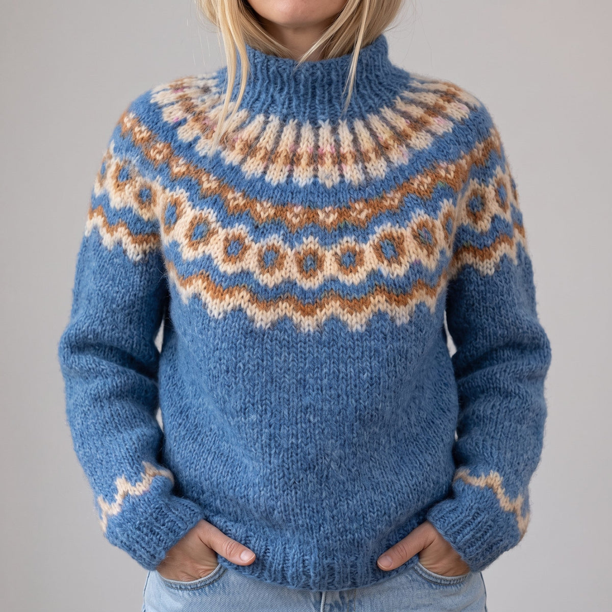 Sonja | Pull bleu avec col montant et motif norvégien