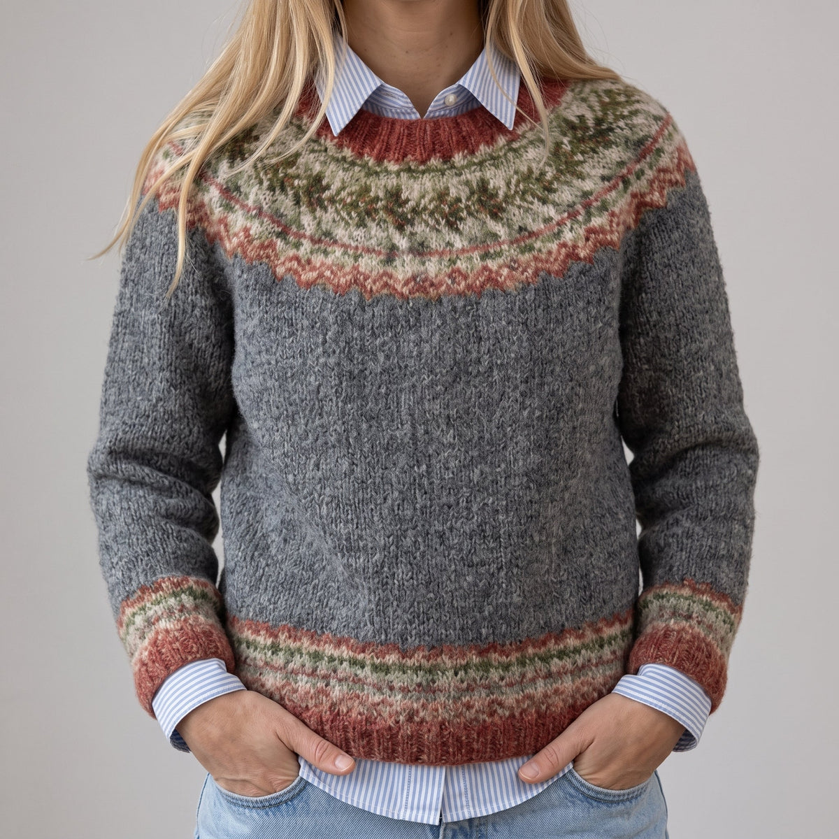 Das Marla | Pull-over vintage gris avec motif norvégien