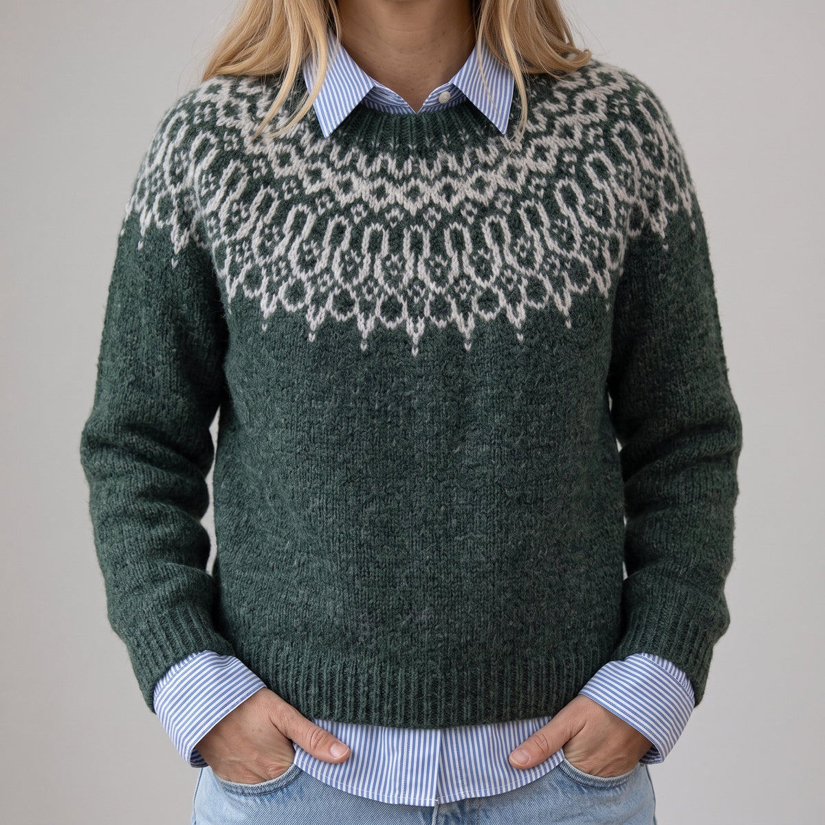 Tanja | Pull vintage vert foncé avec motif flocons de neige