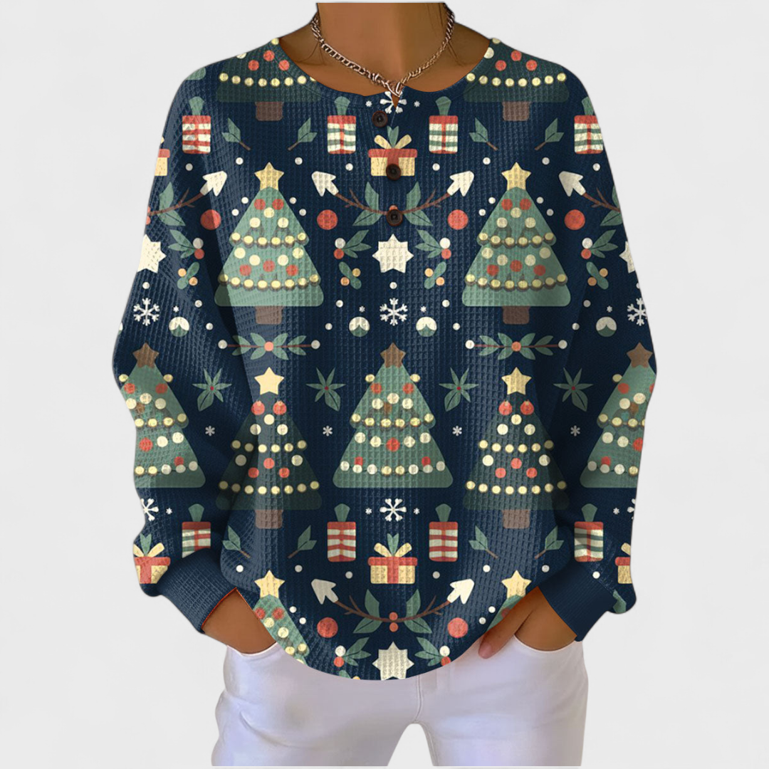 Fanny | Pull bleu foncé avec motif de sapin de Noël