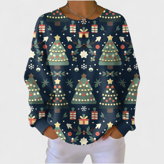 Fanny | Pull bleu foncé avec motif de sapin de Noël