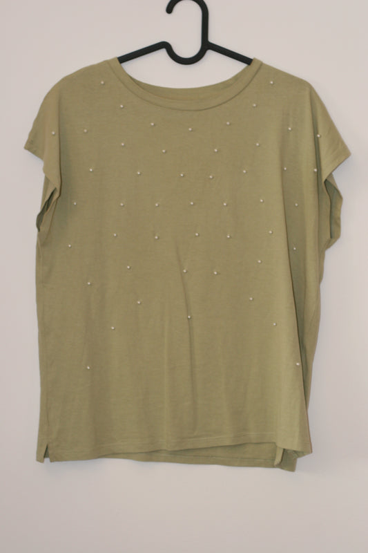 T-shirt vert sauge à perles fantaisie