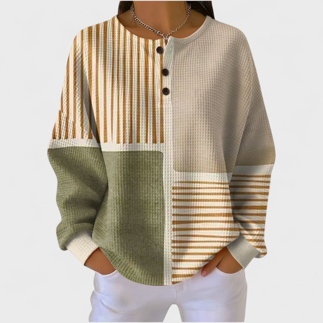 Das Luna | Pull beige avec motif rayé et patchwork