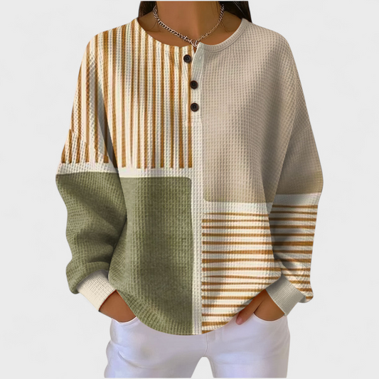 Das Luna | Pull beige avec motif rayé et patchwork