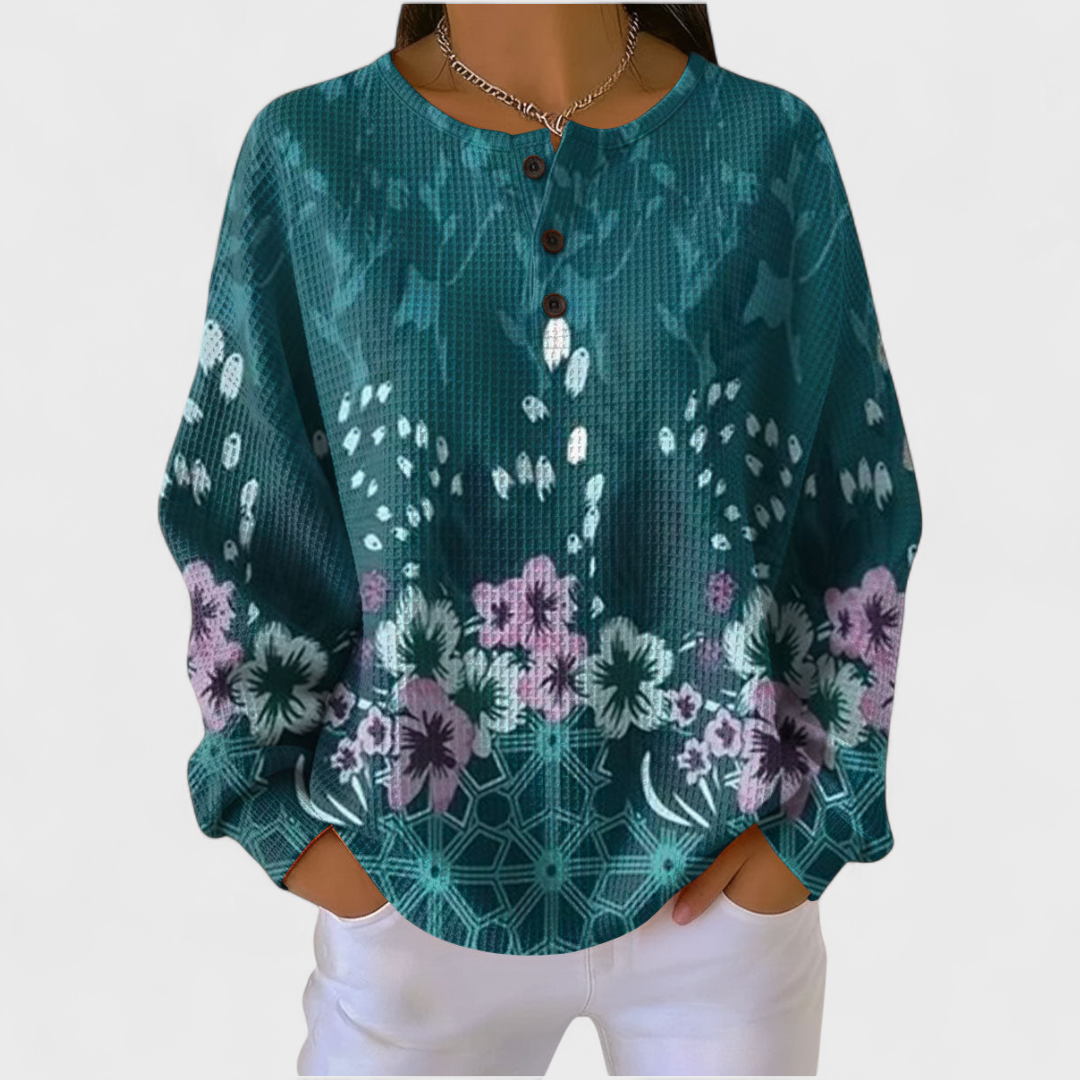 Das Nora | Pull en couleur pétrole avec design floral