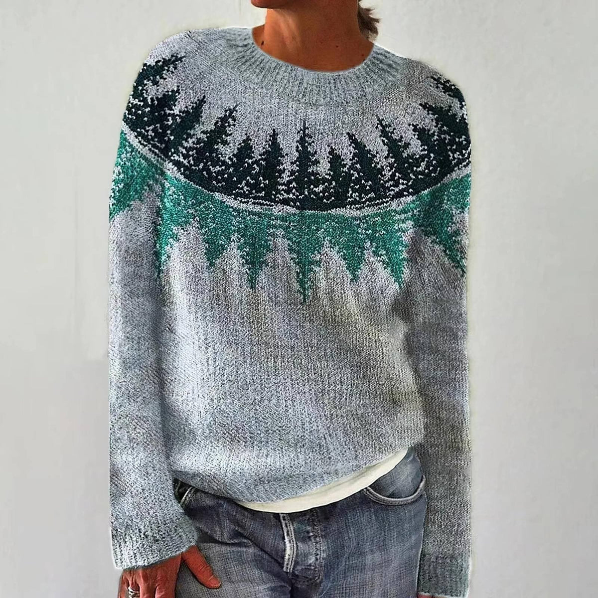Svetlana | Pull rétro bleu avec motif de sapin