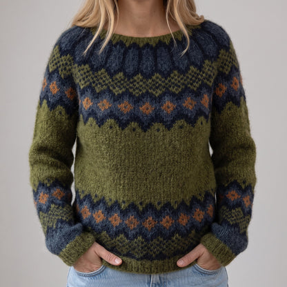 Das Salomé | Pull rétro vert olive avec motif en zigzag