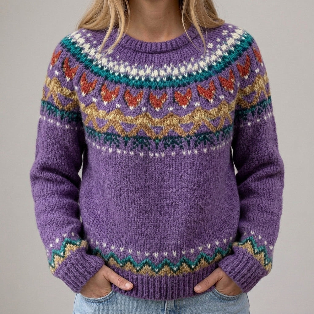 Das Silvia | Pull vintage violet avec motif norvégien