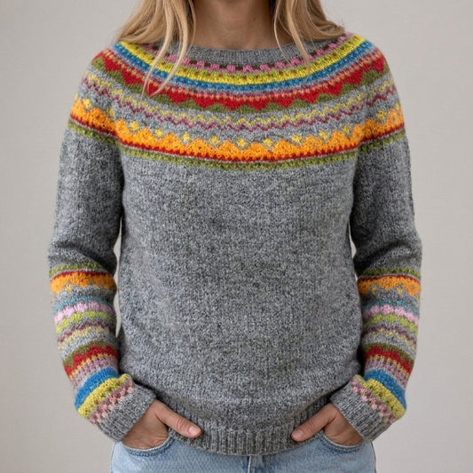 Das Eerika | Pull rétro gris avec rayures arc-en-ciel
