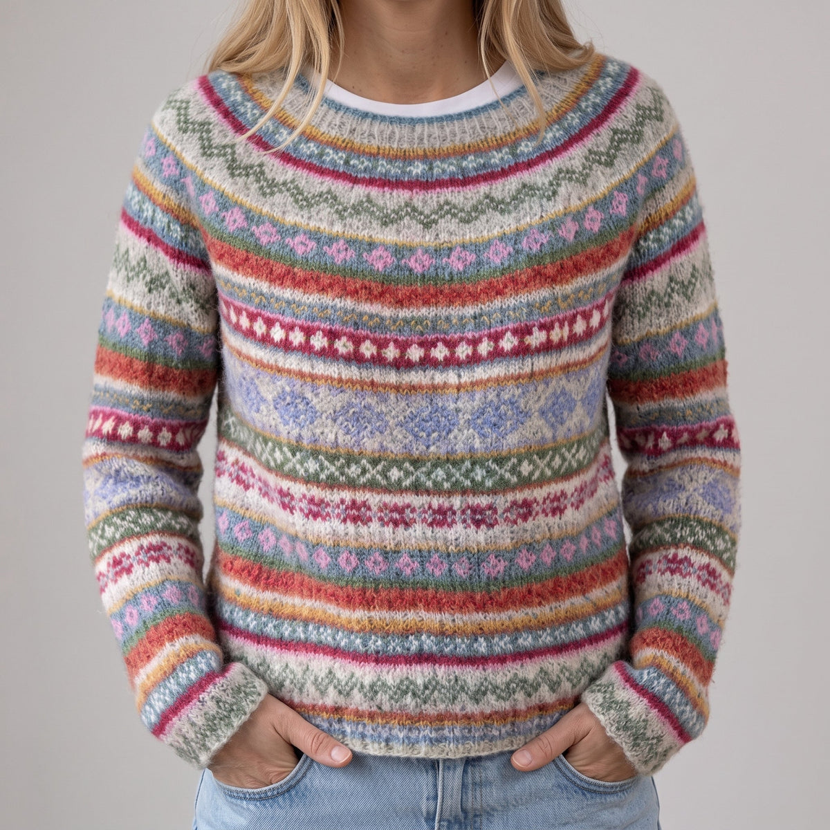 Aada | Pull rétro gris avec motif norvégien coloré