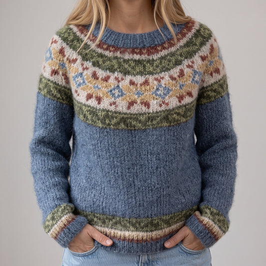 Das Katri | Pull rétro bleu avec motif floral