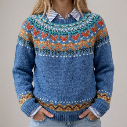 Das Vera | Pull vintage bleu avec motif norvégien