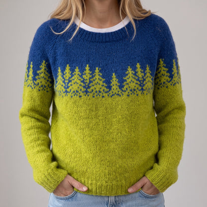 Das Rikarda | Pull rétro bleu-jaune avec motif de sapin