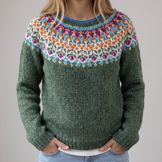 Das Susi | Pull rétro gris avec motif norvégien coloré