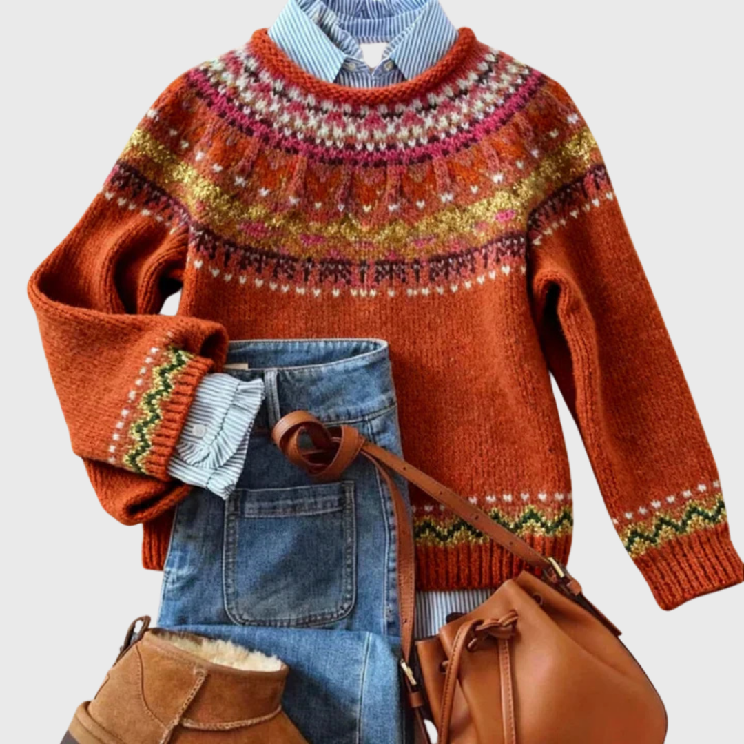 Das Simone | Pull vintage rouille avec motif norvégien