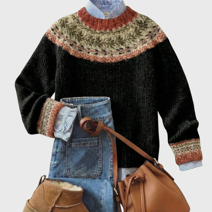 Elveria | Pull vintage noir avec motif norvégien