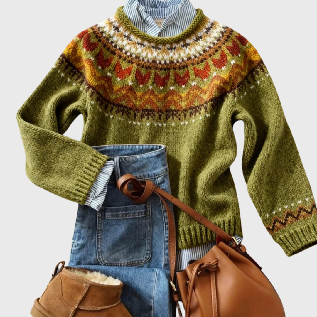 L'Adriana | Pull vintage vert olive avec motif norvégien