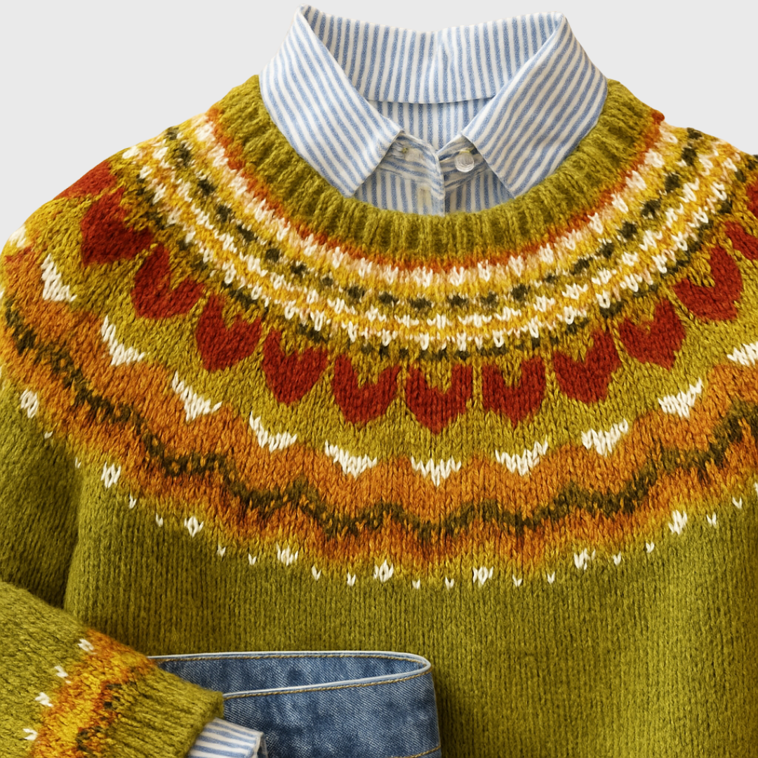 L'Adriana | Pull vintage vert olive avec motif norvégien