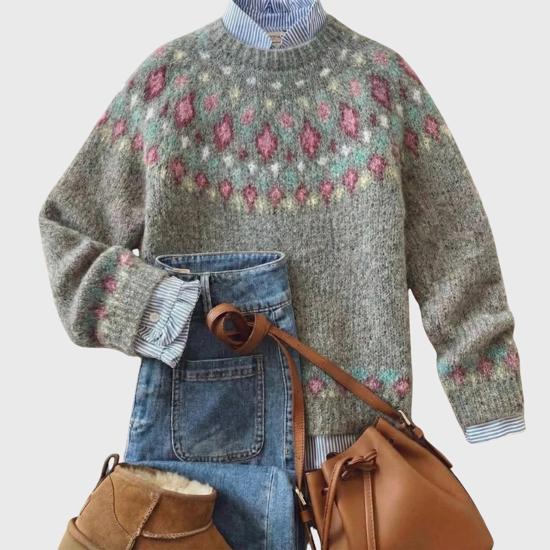 Lara | Pull vintage gris avec motif floral
