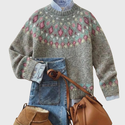 Lara | Pull vintage gris avec motif floral