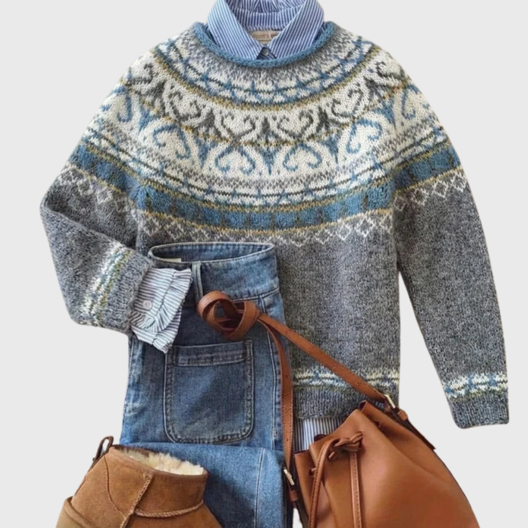 Das Lucia | Pull vintage gris clair avec motif norvégien
