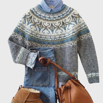 Das Lucia | Pull vintage gris clair avec motif norvégien