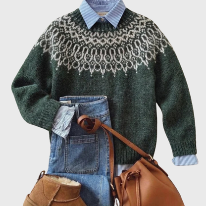 Tanja | Pull vintage vert foncé avec motif flocons de neige