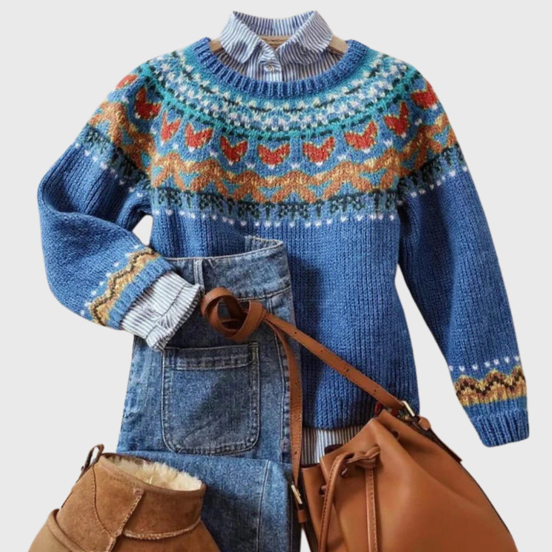 Das Vera | Pull vintage bleu avec motif norvégien