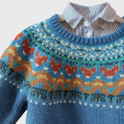 Das Vera | Pull vintage bleu avec motif norvégien