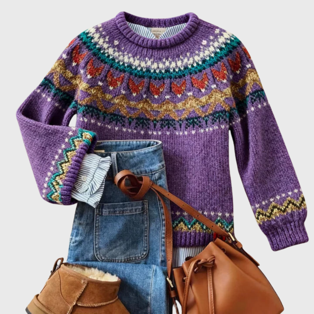 Das Silvia | Pull vintage violet avec motif norvégien