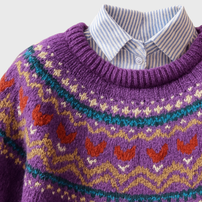 Das Silvia | Pull vintage violet avec motif norvégien