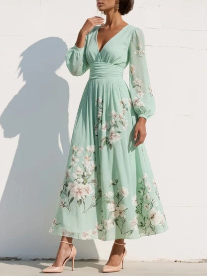 Cécile | Robe Midi Vert Clair Fleurie