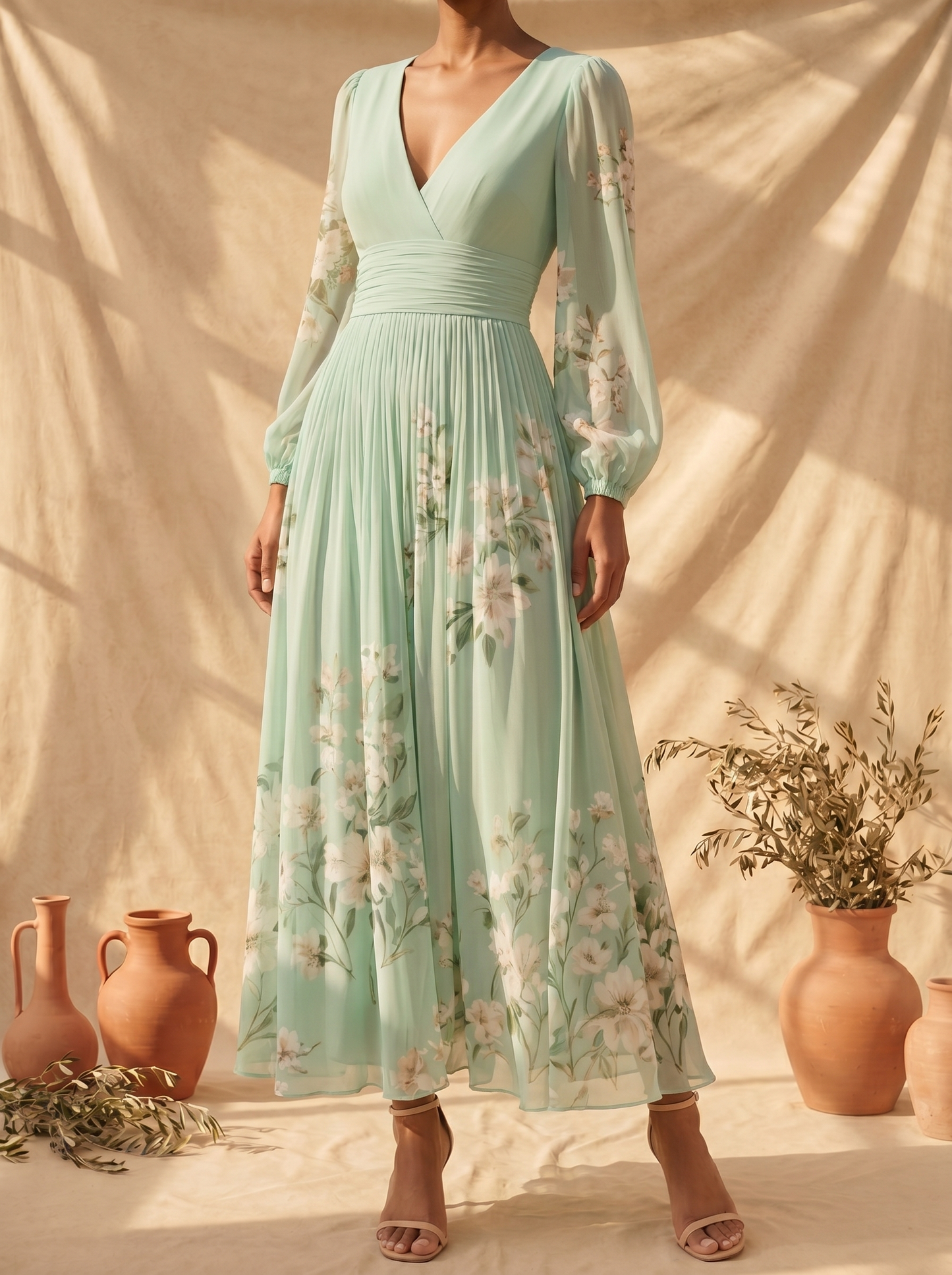 Cécile | Robe Midi Vert Clair Fleurie