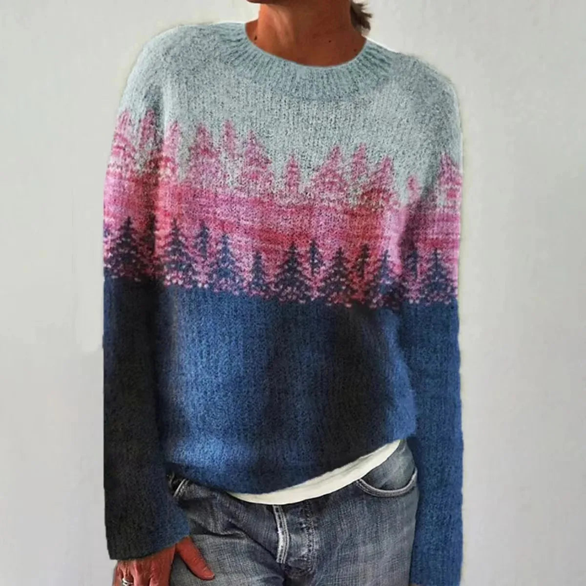 Svetlana | Pull rétro bleu avec motif de sapin