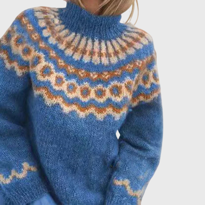Sonja | Pull bleu avec col montant et motif norvégien