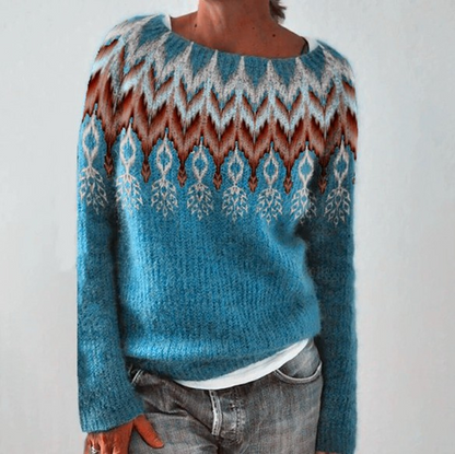 Das Katinka | Pull rétro couleur pétrole avec motif norvégien